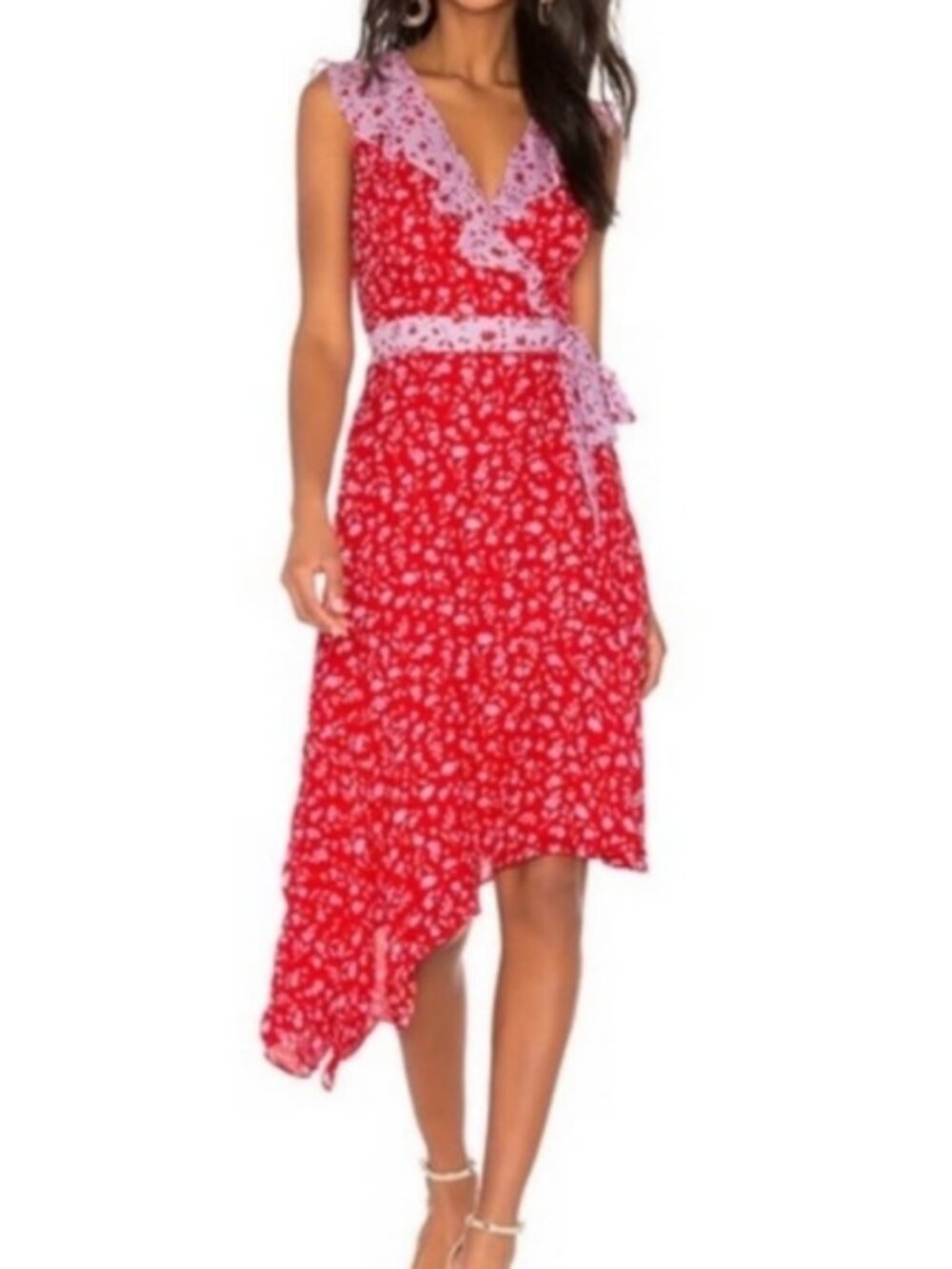 Parker Wrap Silk Dress Ditsy Floral Red Asymmetrical Whimsical Fairy Coquette 0